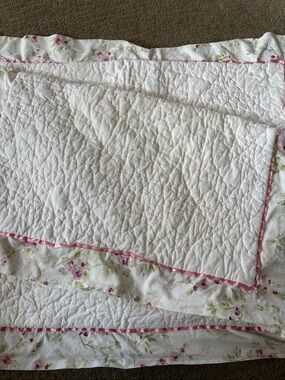 Simply Shabby Chic White Quilted pillow shams with Pink Trim and Rose Print